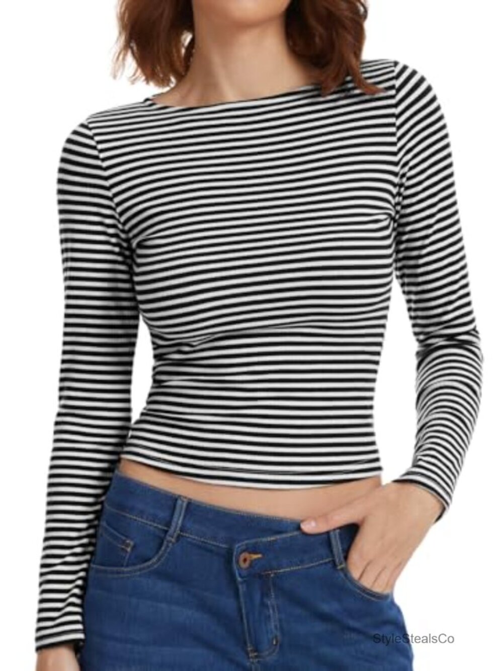 Striped Boat Neck Long Sleeve Slim Fit Crop Tops for Women Y2k Casual Ruched